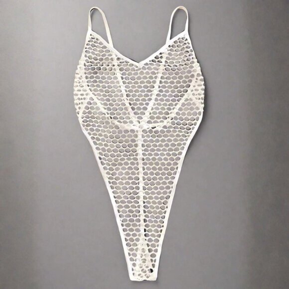 NWT Sexy Sheer Mesh White Extreme Micro G-String Thong One Piece Swimsuit - Picture 1 of 2